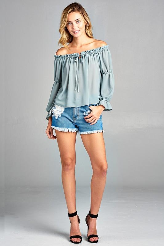 Puff Long Sleeve Ruffled Front Tie Off Shoulder Top