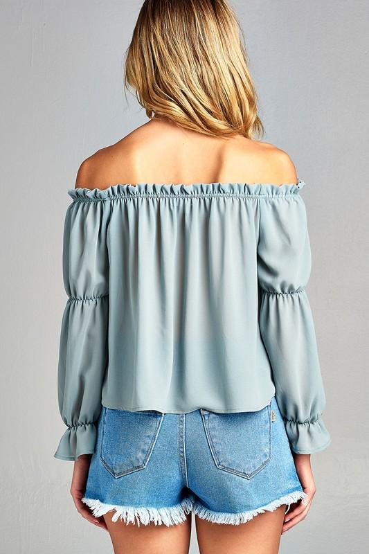 Puff Long Sleeve Ruffled Front Tie Off Shoulder Top