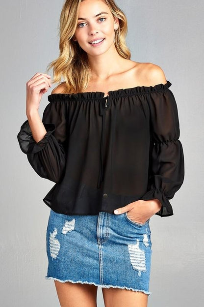 Puff Long Sleeve Ruffled Front Tie Off Shoulder Top