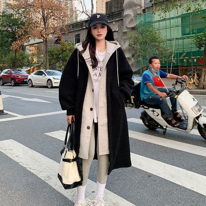 Long Faux Lambswool Two-piece Look Coat