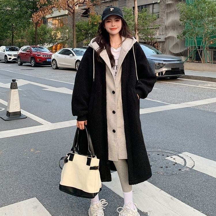 Long Faux Lambswool Two-piece Look Coat