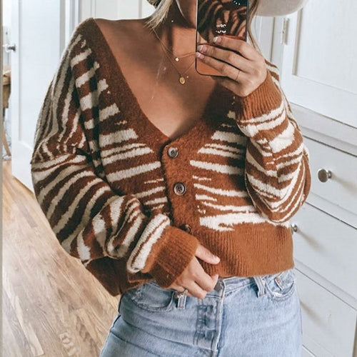 Brown Stripe Off Shoulder Cardigan Sweater