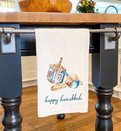 Hanukkah Dreidel and Coins Cotton Tea Towel