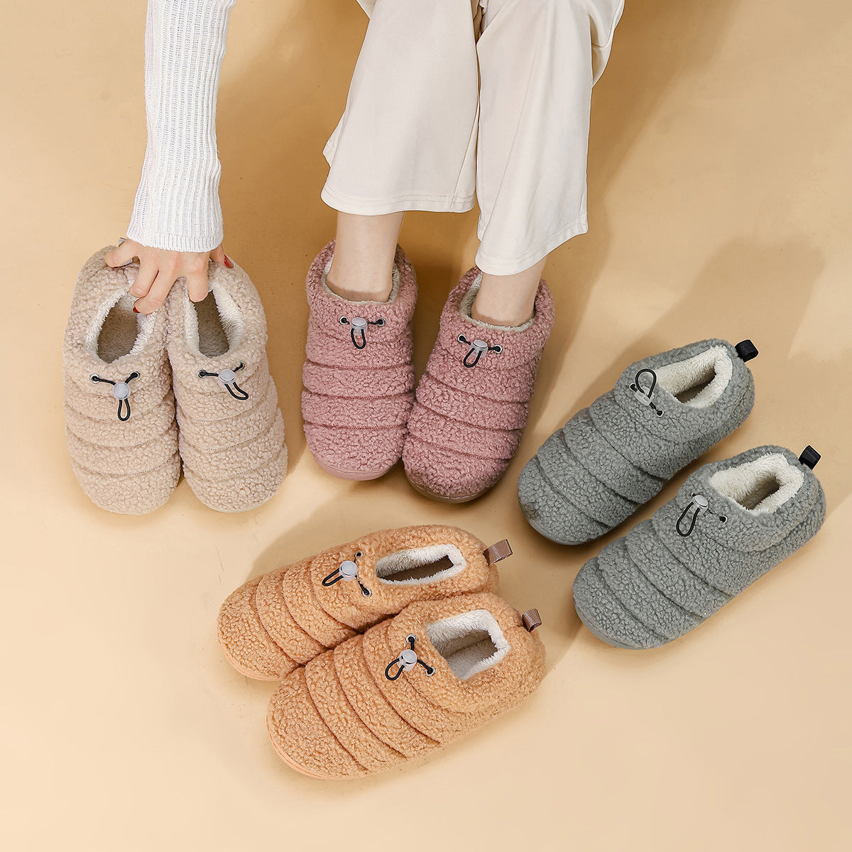 Linear Thick & Warm Non-slip Cotton House Shoes