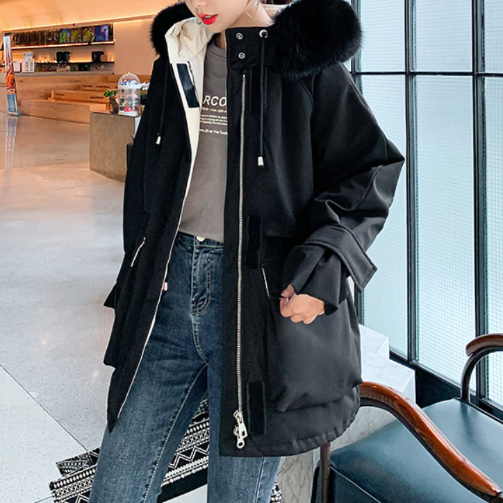 Mid Length Zipper Coat with Furry Hood