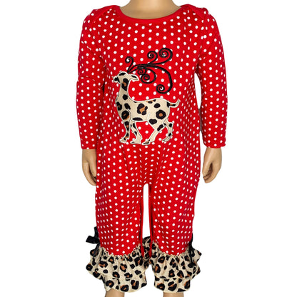 Christmas Leopard Reindeer Holiday Cotton Romper (Girls)