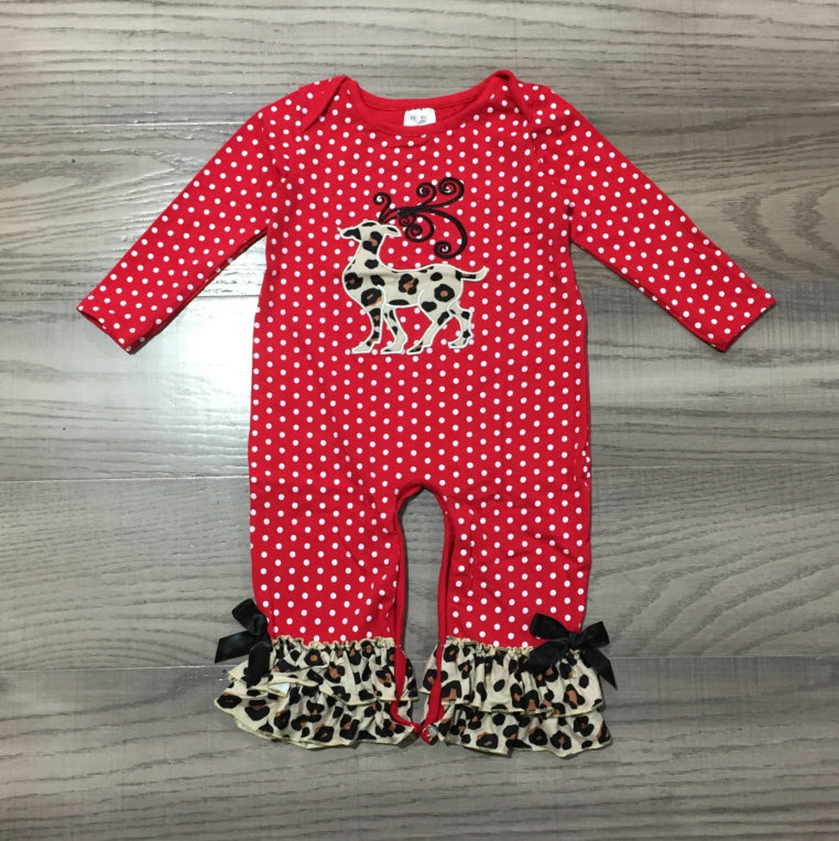 Christmas Leopard Reindeer Holiday Cotton Romper (Girls)