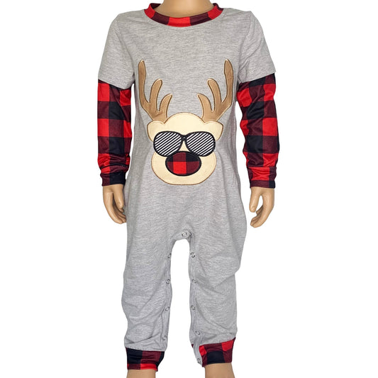 Holiday Christmas Reindeer Plaid Cotton Romper (Boys)