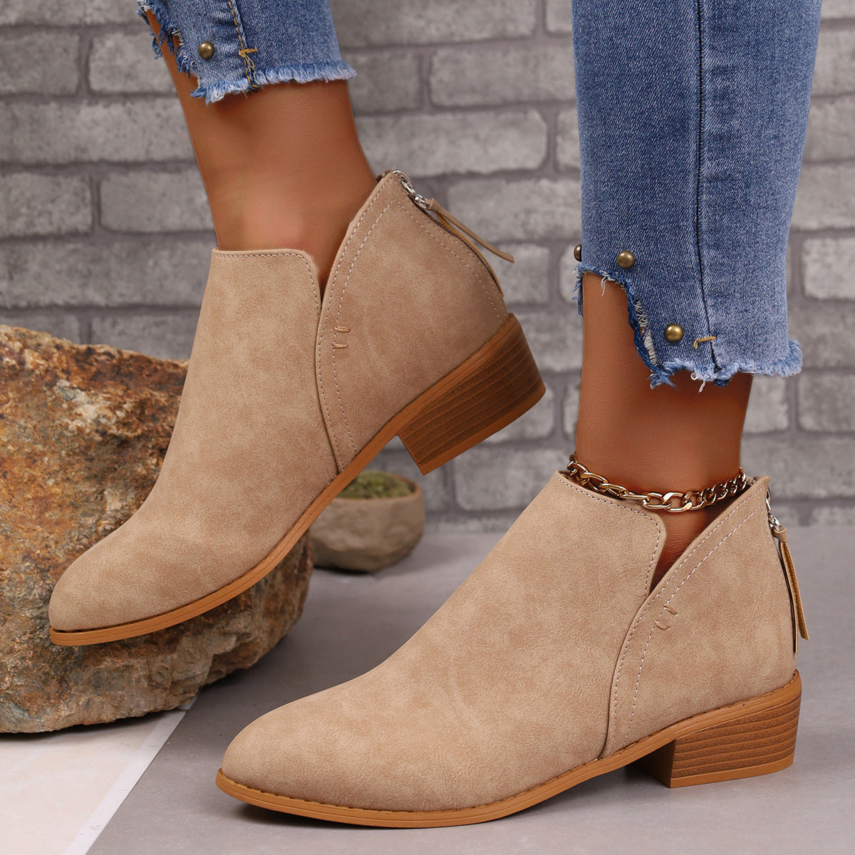 Pointed Toe Ankle Boots With V-cut Design