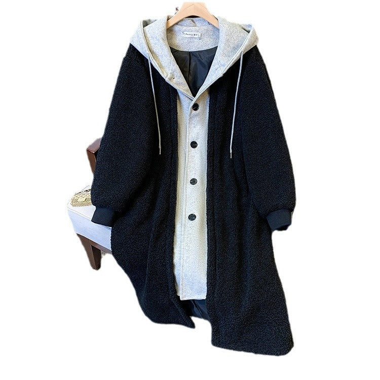 Long Faux Lambswool Two-piece Look Coat